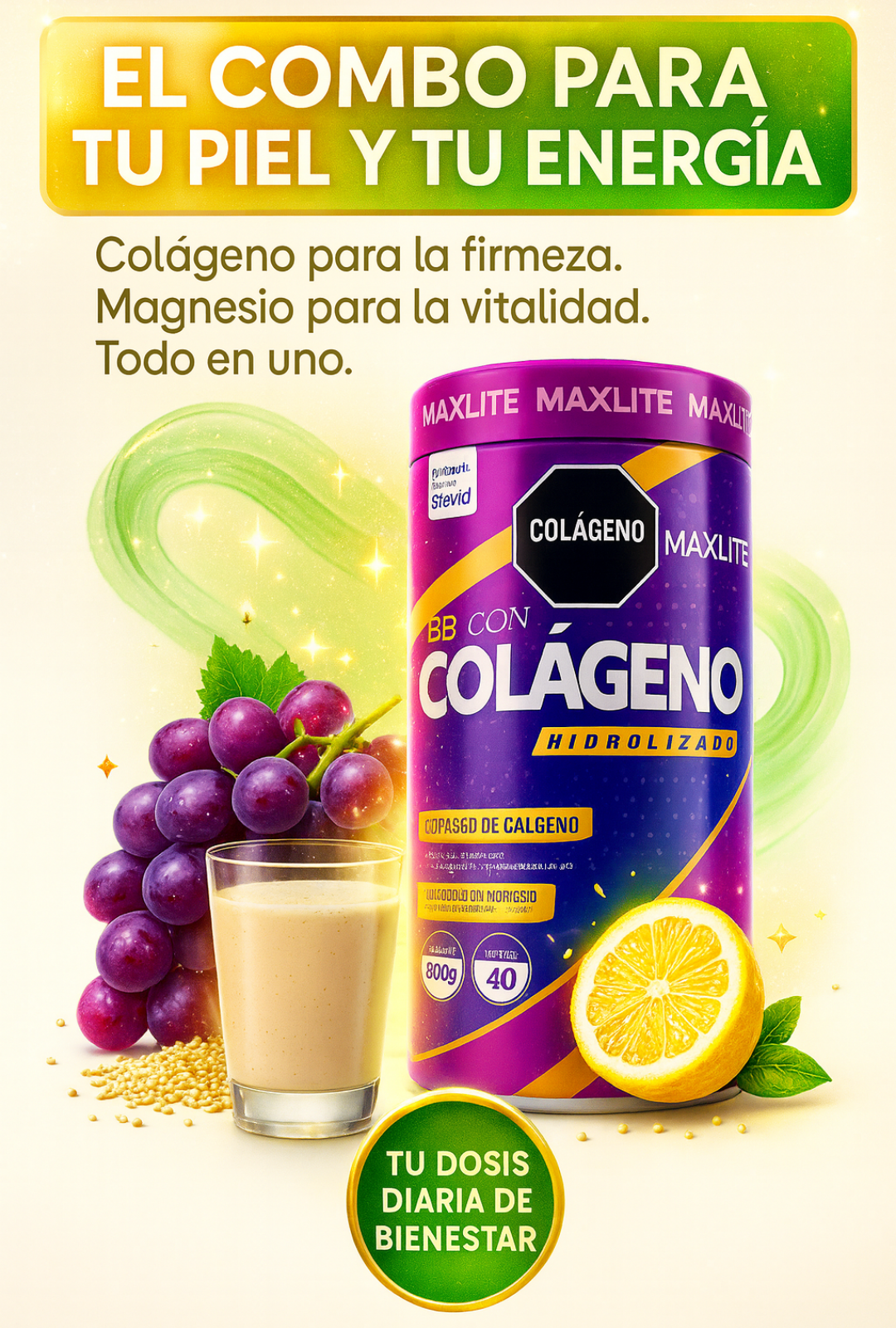 Maxlite Colágeno Hidrolizado en Polvo con Vitaminas, Minerales y Omega 3, 6, 9 Sabor Vainilla