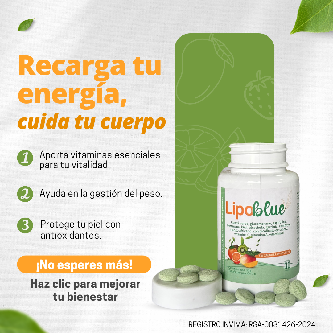 Lipoblue Suplemento Natural en Discos Masticables para Control de Peso con Té Verde, Glucomanano y Garcinia