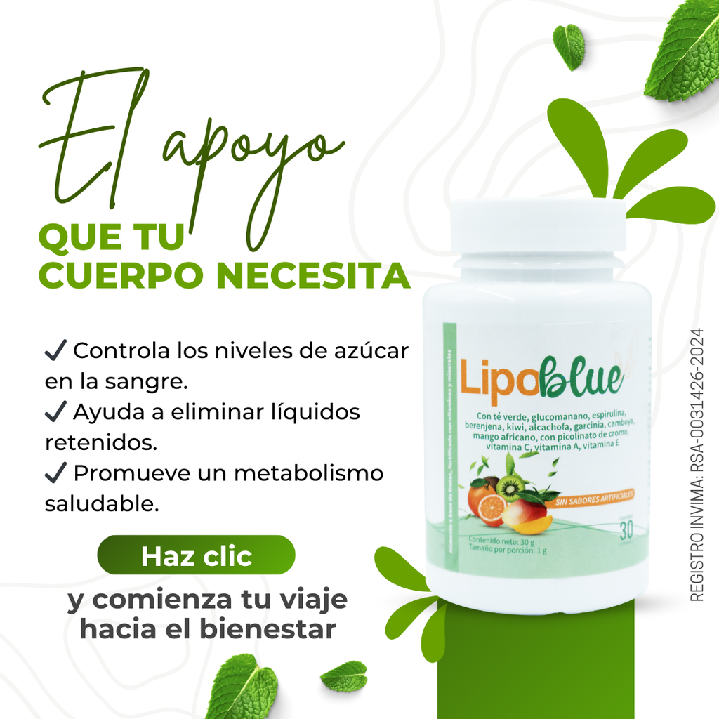 Lipoblue Suplemento Natural en Discos Masticables para Control de Peso con Té Verde, Glucomanano y Garcinia