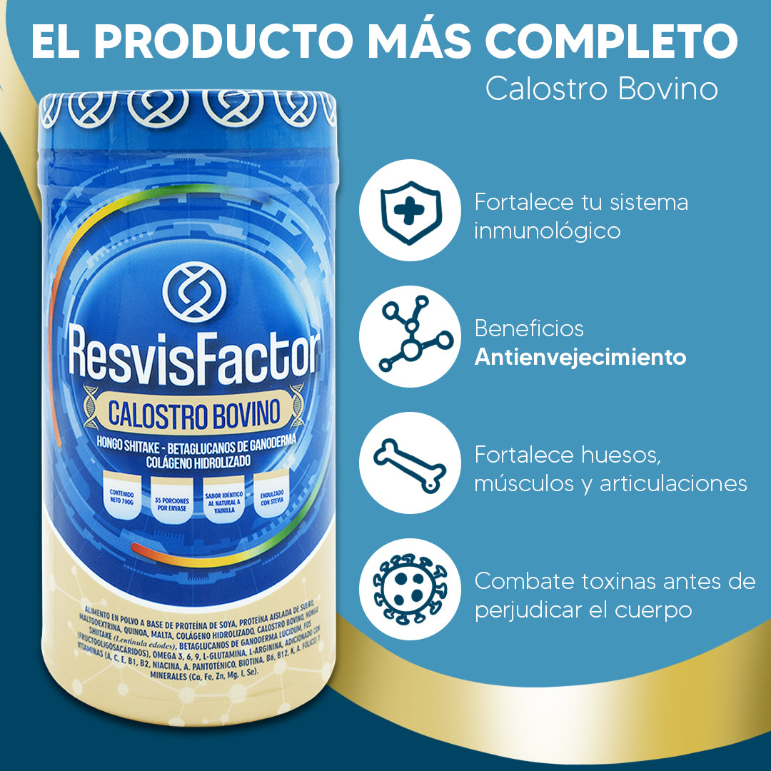 Resvifactor Calostro Bovino con Colágeno Hidrolizado, Vitaminas y Minerales en Polvo Sabor Vainilla
